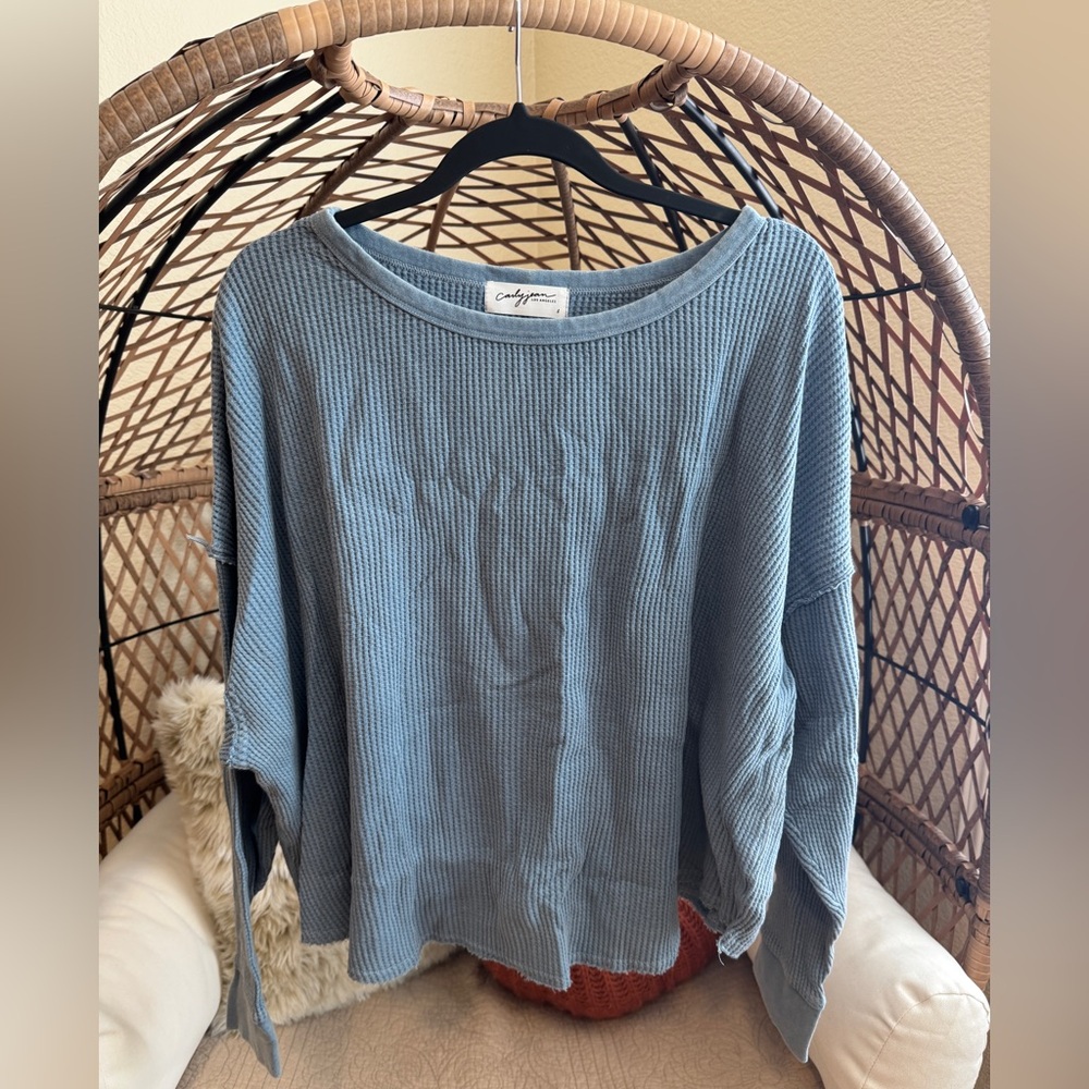 Carly Jean Los Angeles Hazel Waffle Long Sleeve Top Blue Large NWOT